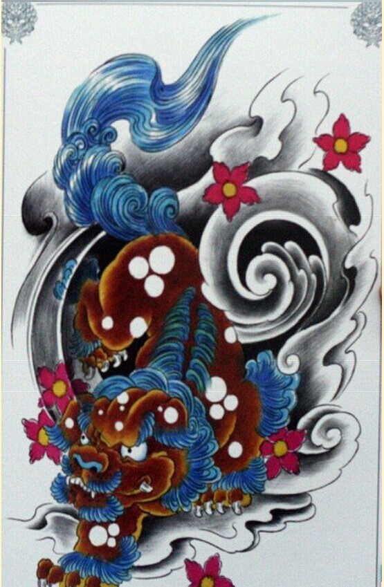 一组唐狮子纹身手稿图案推荐图片