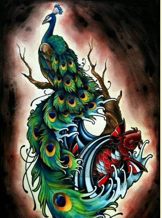 个性漂亮孔雀纹身手稿图案欣赏图片