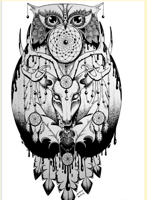 漂亮时尚黑灰猫头鹰纹身手稿图案图片