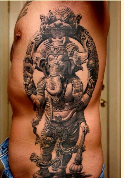 时尚个性侧腰石雕象神纹身图案  图片