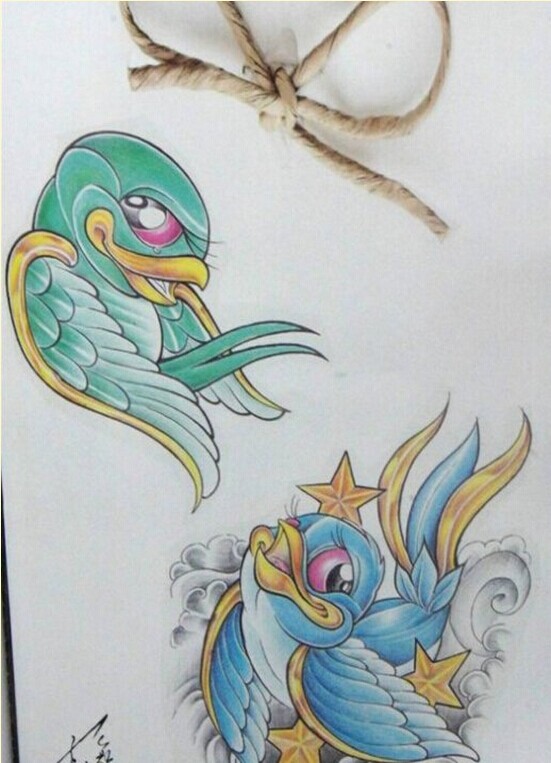 时尚漂亮彩色燕子纹身手稿图案推荐图片