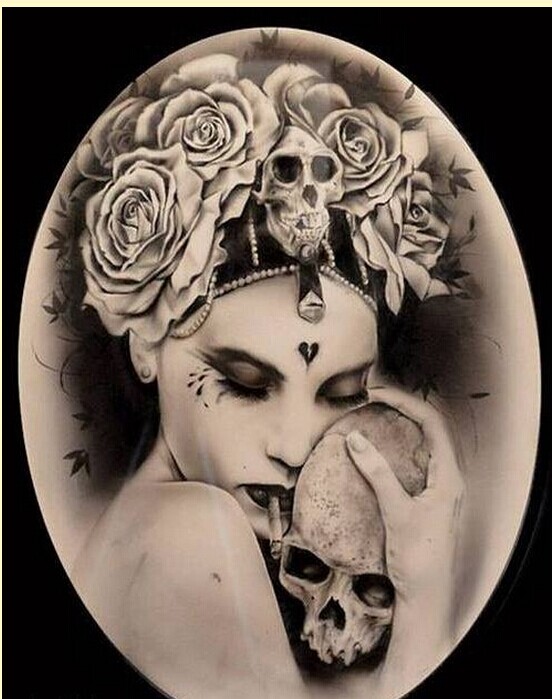 时尚漂亮女郎玫瑰骷髅纹身手稿图案图片