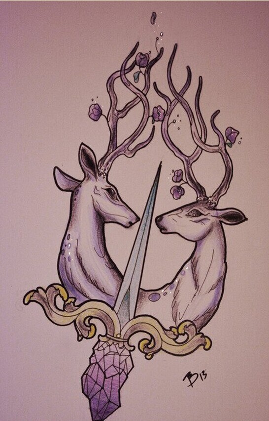 个性时尚漂亮羚羊匕首纹身手稿图案图片