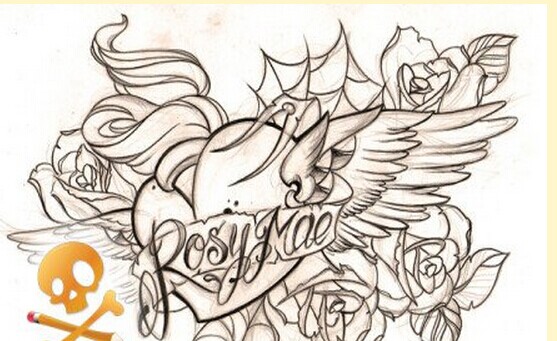 个性爱心翅膀纹身手稿图案欣赏图片