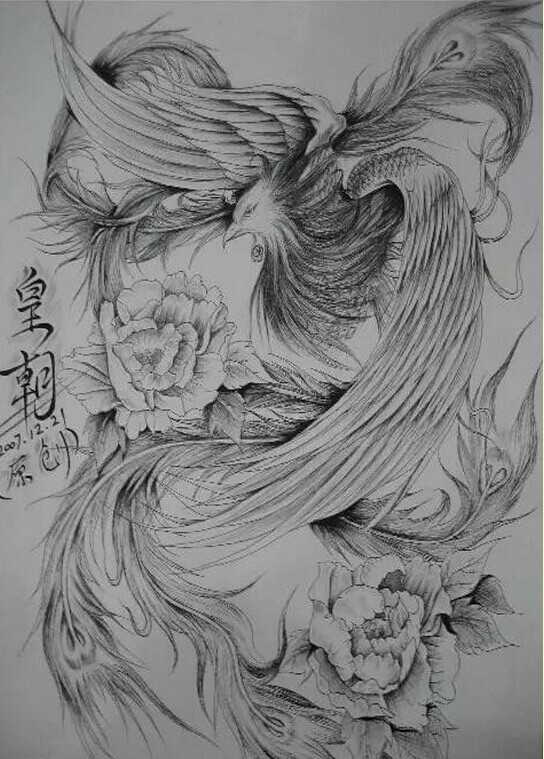 个性时尚黑灰凤凰纹身手稿图案推荐图片