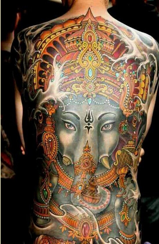 时尚彩色满背象神纹身图案图片