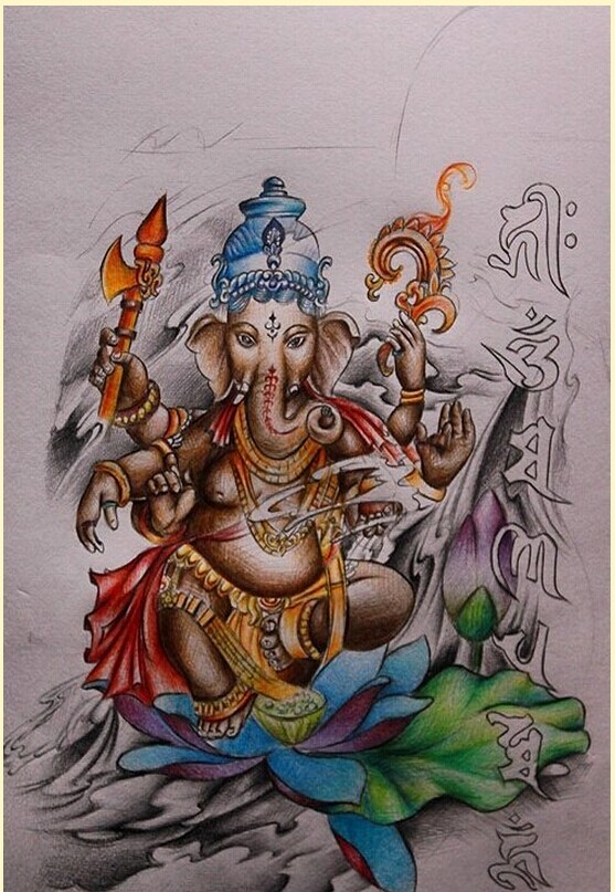 宗教象神莲花梵文纹身手稿图片图片