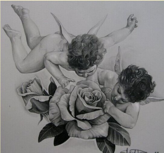 小天使丘比特玫瑰花纹身手稿图案图片