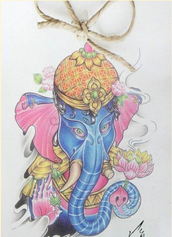 个性时尚彩色象神纹身手稿图片图片