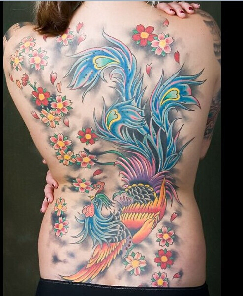 经典女性满背时尚凤凰樱花纹身图案图片