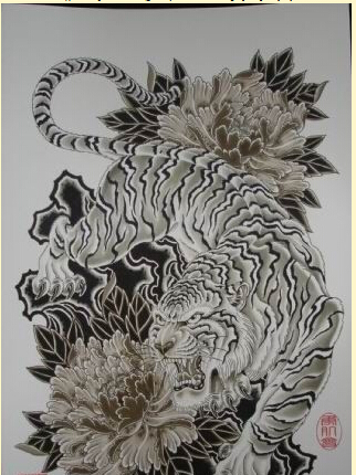 个性霸气老虎牡丹纹身手稿图片欣赏图片