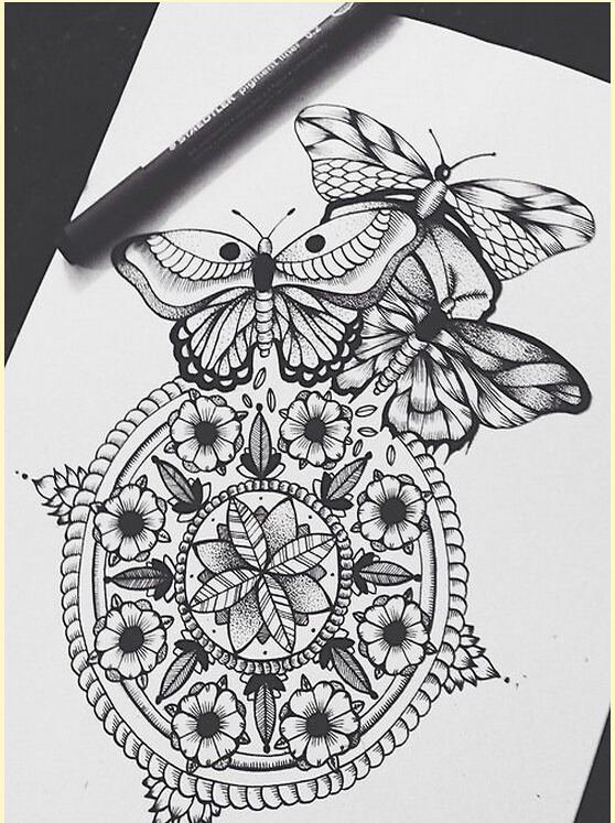 时尚漂亮好看的樊花蝴蝶纹身手稿图案图片