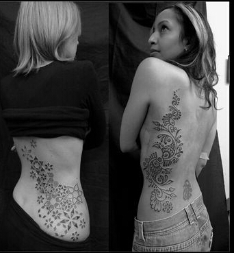 时尚性感女性后腰黑白图腾纹身图片