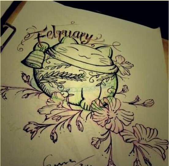 漂亮可爱的招财猫纹身手稿图案欣赏图片