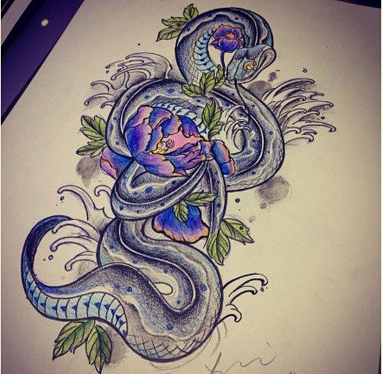 漂亮时尚好看的牡丹蛇纹身手稿图案图片