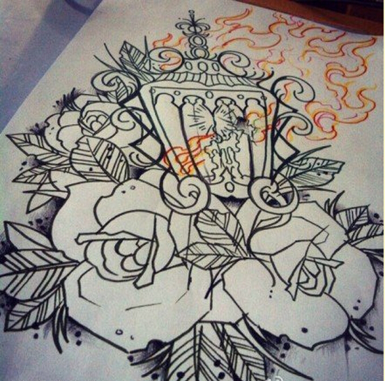 时尚好看的玫瑰花灯塔纹身手稿图案图片