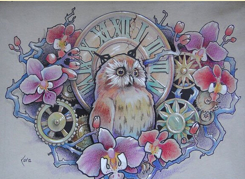 潮流经典的猫头鹰与表纹身手稿图案图片