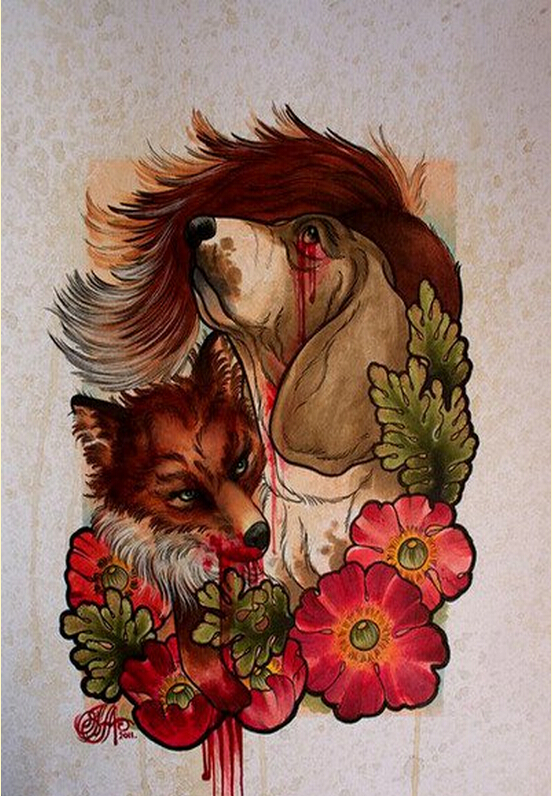 时尚好看的彩色狐狸狗狗花纹身手稿图图片