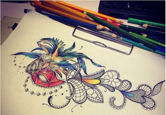 漂亮好看的面具蕾丝边羽毛纹身手稿图图片