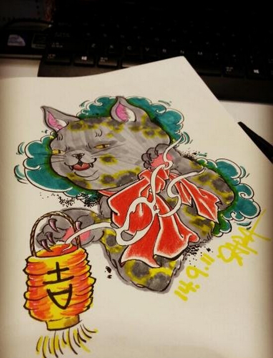 时尚好看的彩色大灰猫纹身手稿图案图片