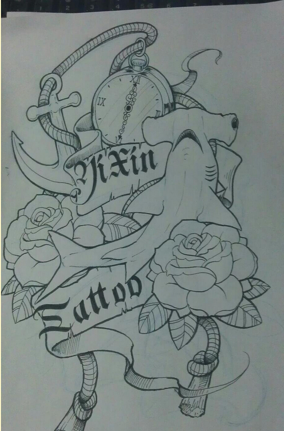 好看的时钟船锚鲨鱼玫瑰花纹身手稿图图片