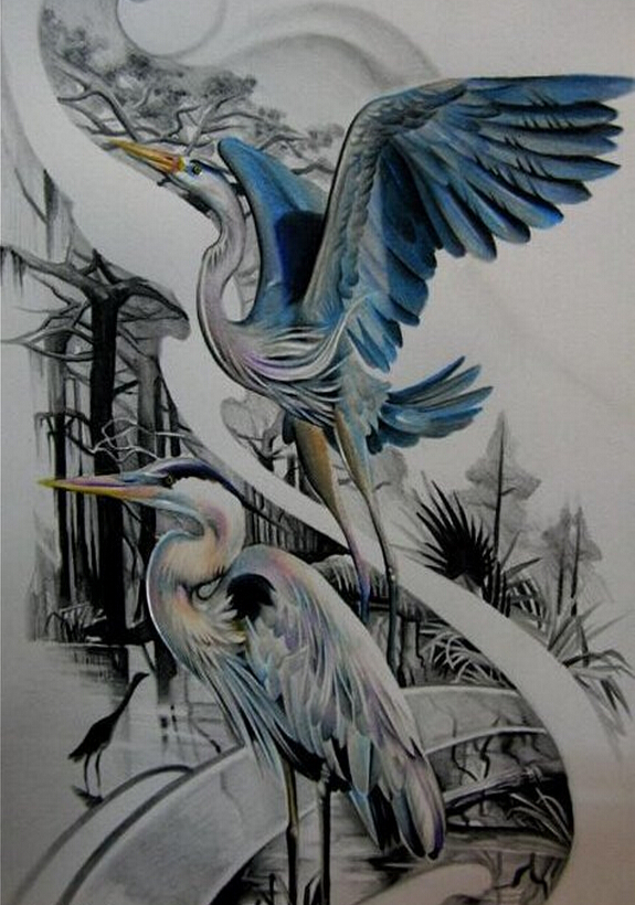 精美时尚好看的仙鹤纹身手稿图案图片