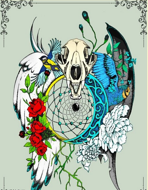 个性时尚好看的彩色羚羊翅膀牡丹花纹图片