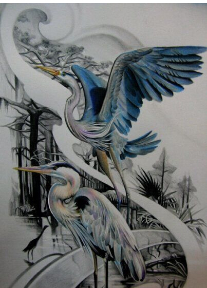 漂亮好看的白鹤纹身手稿纹身图案图片