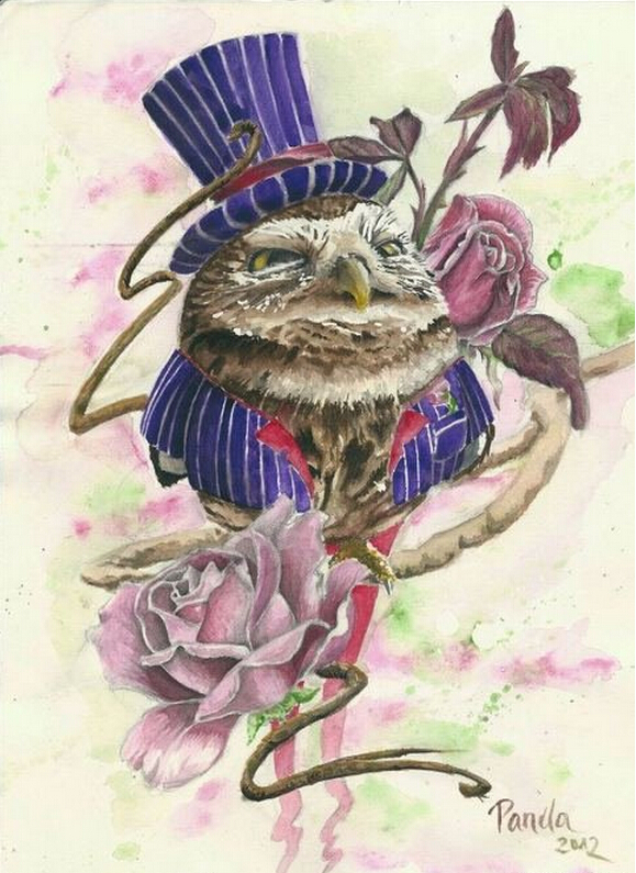 经典时尚好看的猫头鹰玫瑰花纹身手稿图片