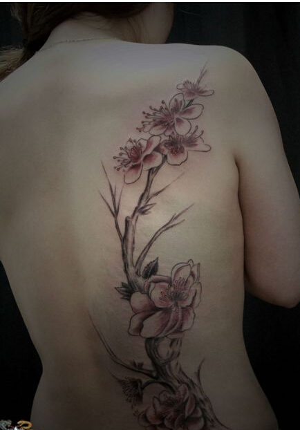 美女背部时尚好看的桃花纹身图案  图片