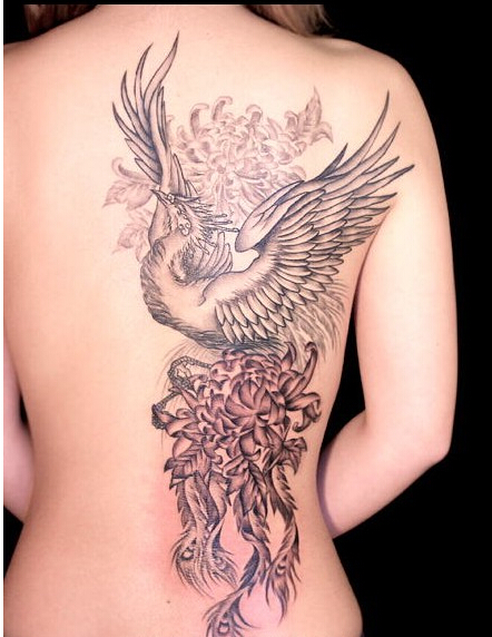 个性时尚后背好看的凤凰菊花纹身图案图片