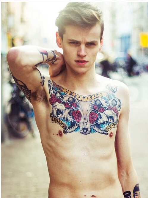 欧美型男胸部个性时尚骷髅刺青图案