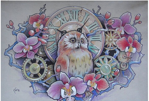 经典时尚好看的猫头鹰与表纹身手稿图图片