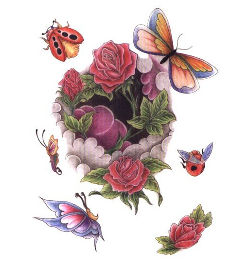 唯美好看的玫瑰蝴蝶瓢虫纹身手稿图案图片