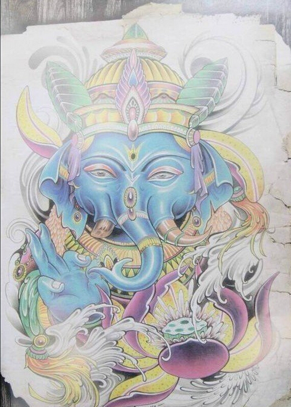 个性时尚好看的彩色象神纹身手稿图案图片