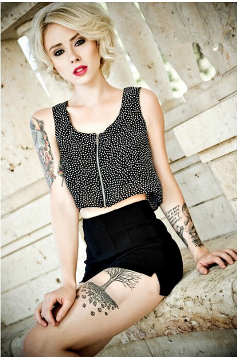 清纯靓丽国外美女腿部好看的树木纹身图片