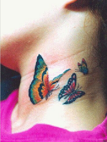 脖子上三只漂亮好看的彩色蝴蝶纹身图图片