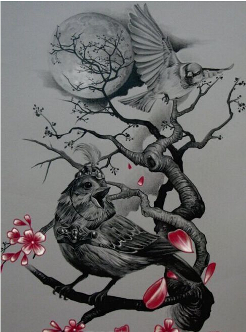 可爱时尚经典好看的小鸟喜鹊纹身手稿图片