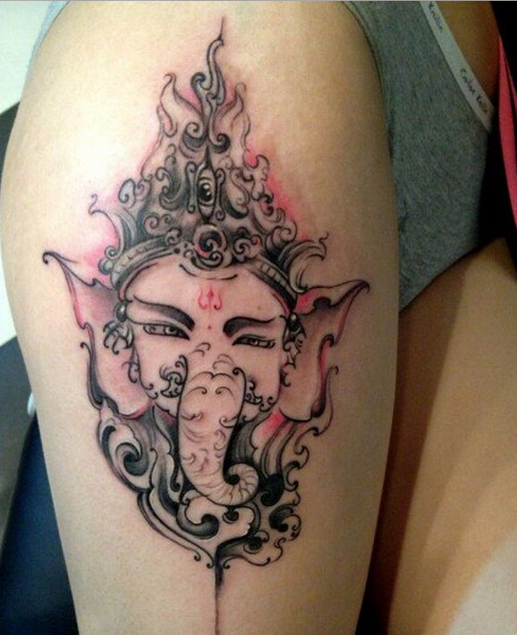 个性腿部时尚唯美的彩色象神纹身图案图片