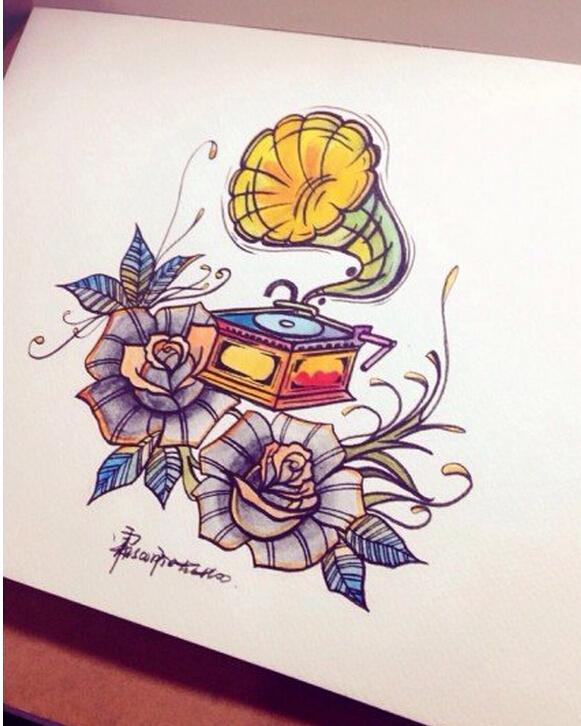 时尚好看的彩色留声机玫瑰花纹身手稿图片