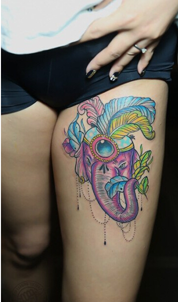 个性时尚大腿好看的象神纹身图案图片