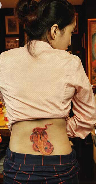 美女后腰部唯美好看的蛇纹身图案图片