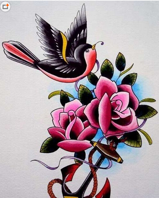 漂亮好看的彩色玫瑰花船锚燕子纹身手图片
