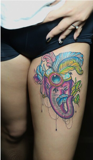 时尚女性大腿唯美时尚的象神纹身图案图片