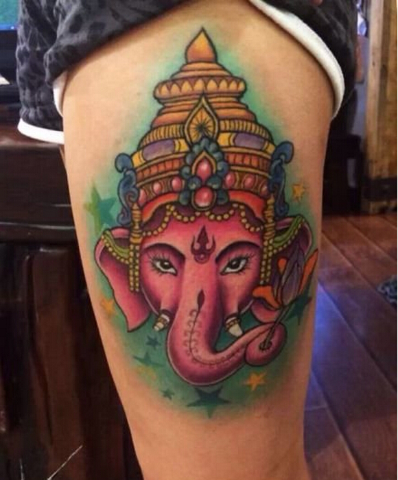 腿部经典时尚彩色象神纹身图片图片