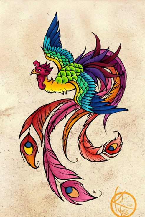 潮流时尚漂亮的彩色凤凰纹身手稿图案图片