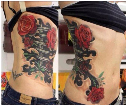 美女侧腰经典时尚个性机械与玫瑰纹身