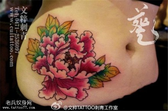 腹部彩色牡丹花纹身图案