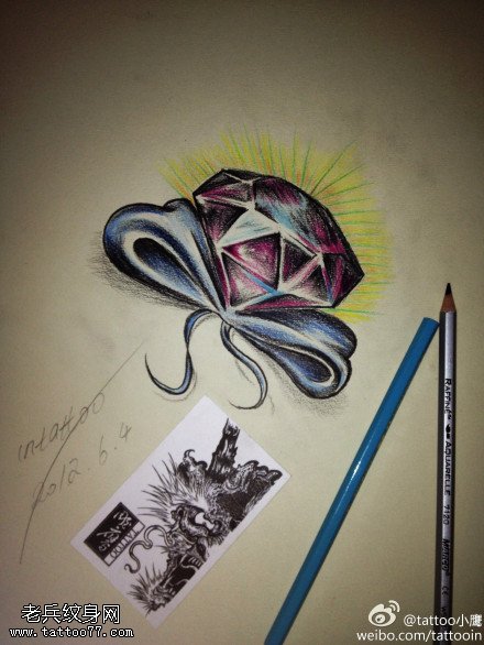 彩色蝴蝶结钻石纹身手稿图案