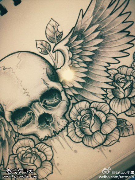 骷髅翅膀玫瑰纹身手稿图案